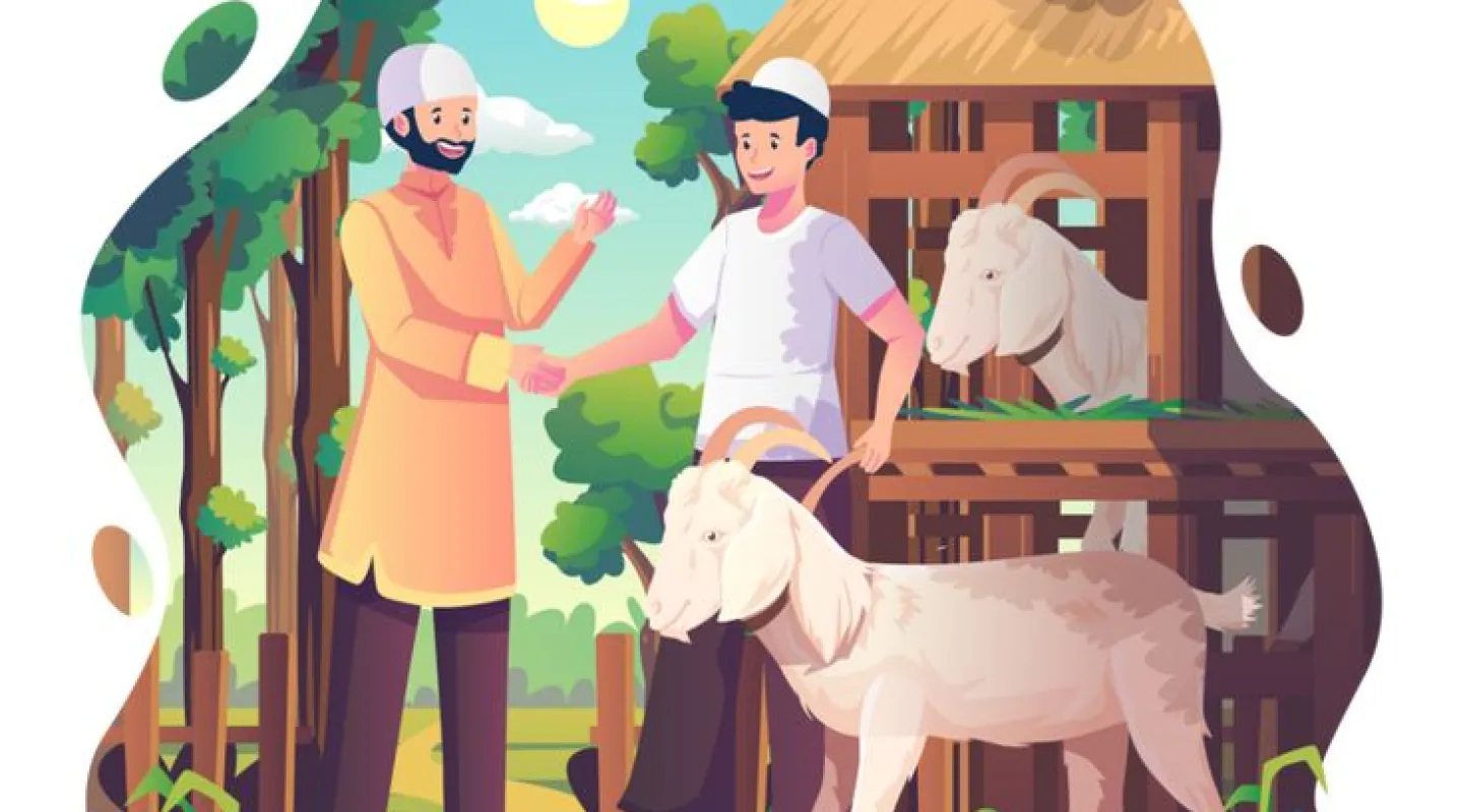muslim people are buying sacrificial animals from farmers to celebrate eid al adha two men shake hands in agreement after a goat buy vector illustration flat style png images  eps free download  pikbest