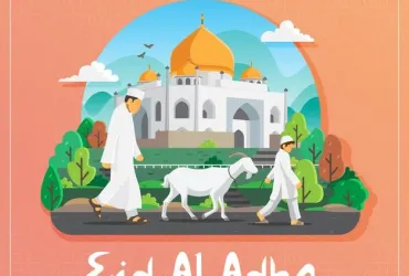 premium vector  eid al adha greeting card with muslim man and boy carrying white goat