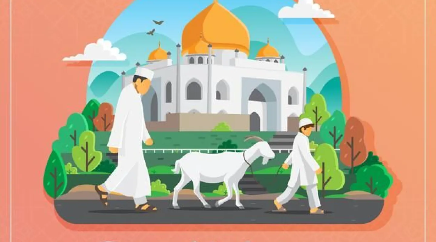 premium vector  eid al adha greeting card with muslim man and boy carrying white goat